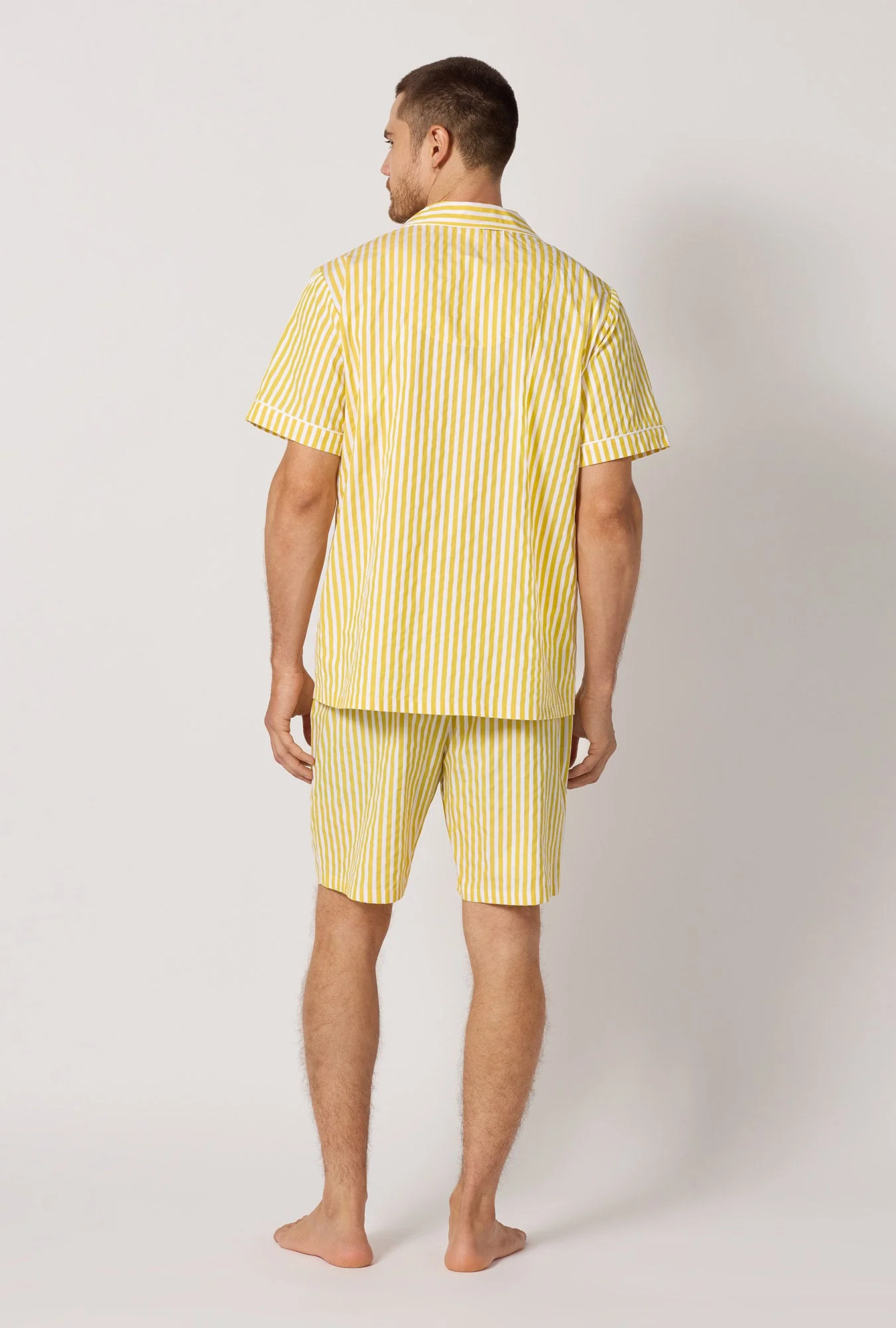 Yellow 3D Stripe Men's Short Sleeve Notch Woven Cotton Sateen Boxer Pj Set - Image 3