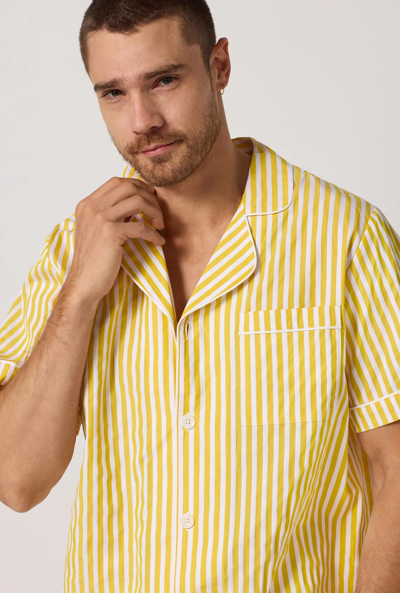 Yellow 3D Stripe Men's Short Sleeve Notch Woven Cotton Sateen Boxer Pj Set - Image 4