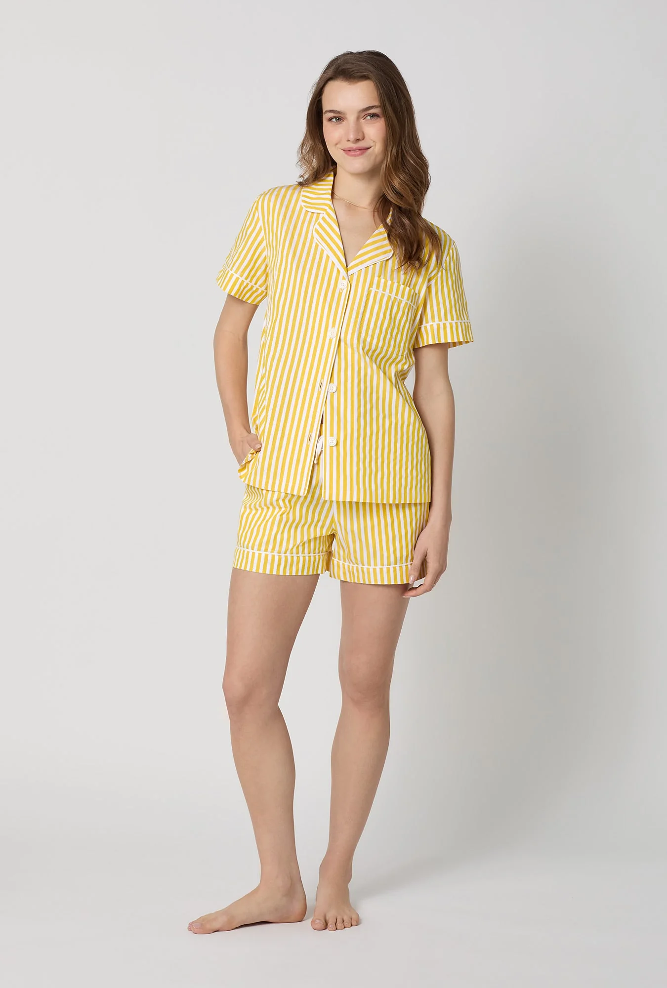 Yellow 3D Stripe Short Sleeve Classic Shorty Woven Cotton Sateen Pj Set - Image 2