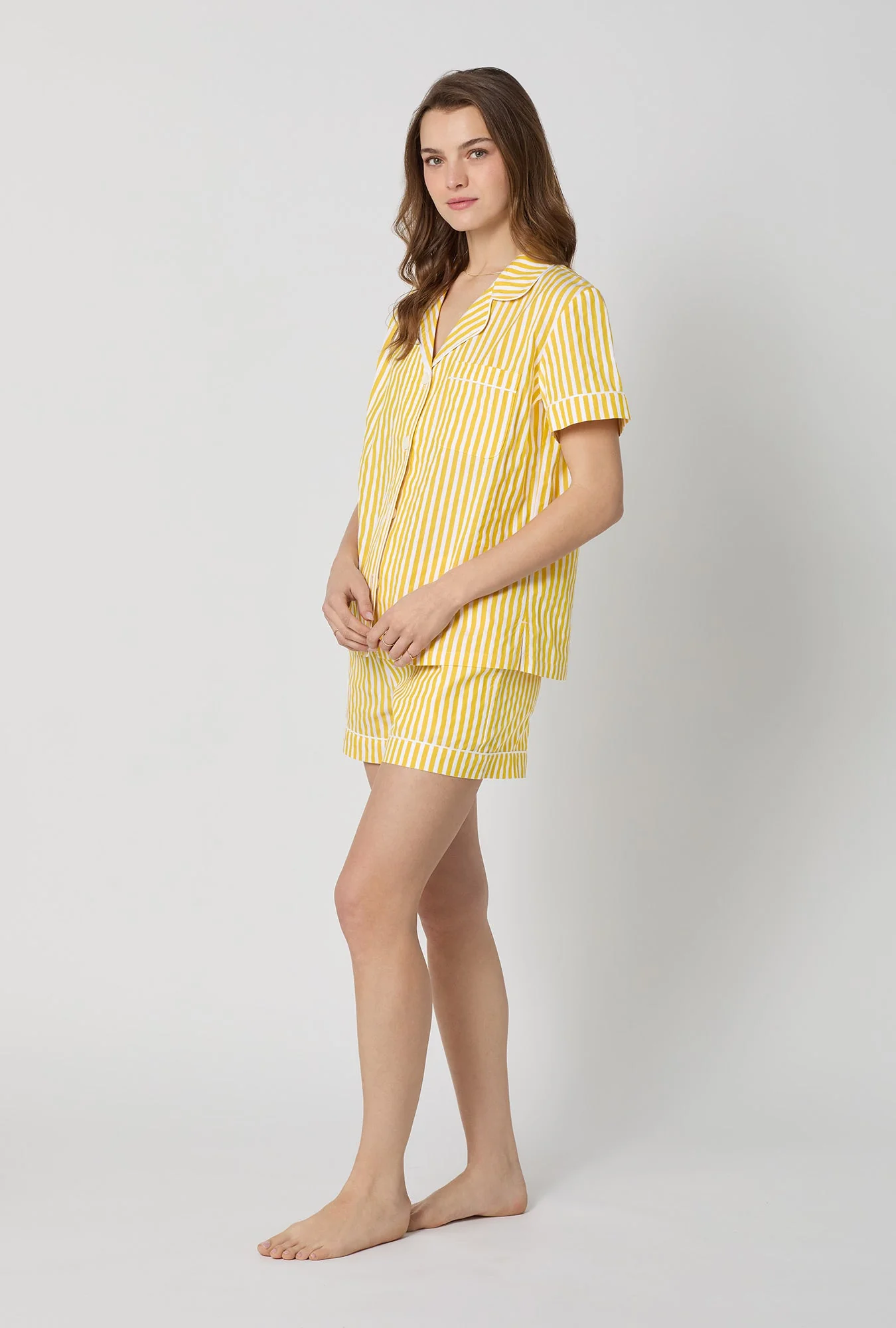 Yellow 3D Stripe Short Sleeve Classic Shorty Woven Cotton Sateen Pj Set - Image 3