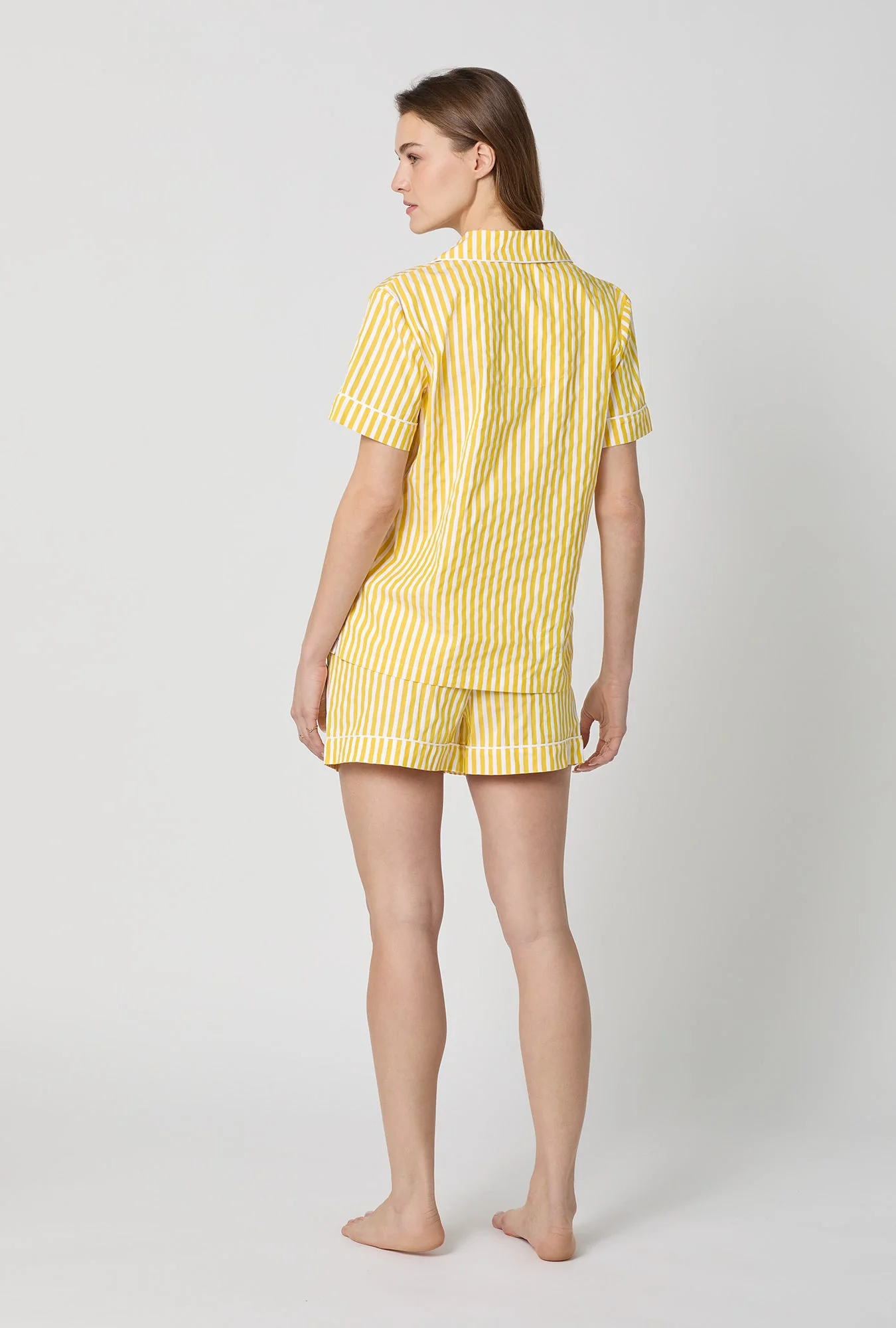 Yellow 3D Stripe Short Sleeve Classic Shorty Woven Cotton Sateen Pj Set - Image 4