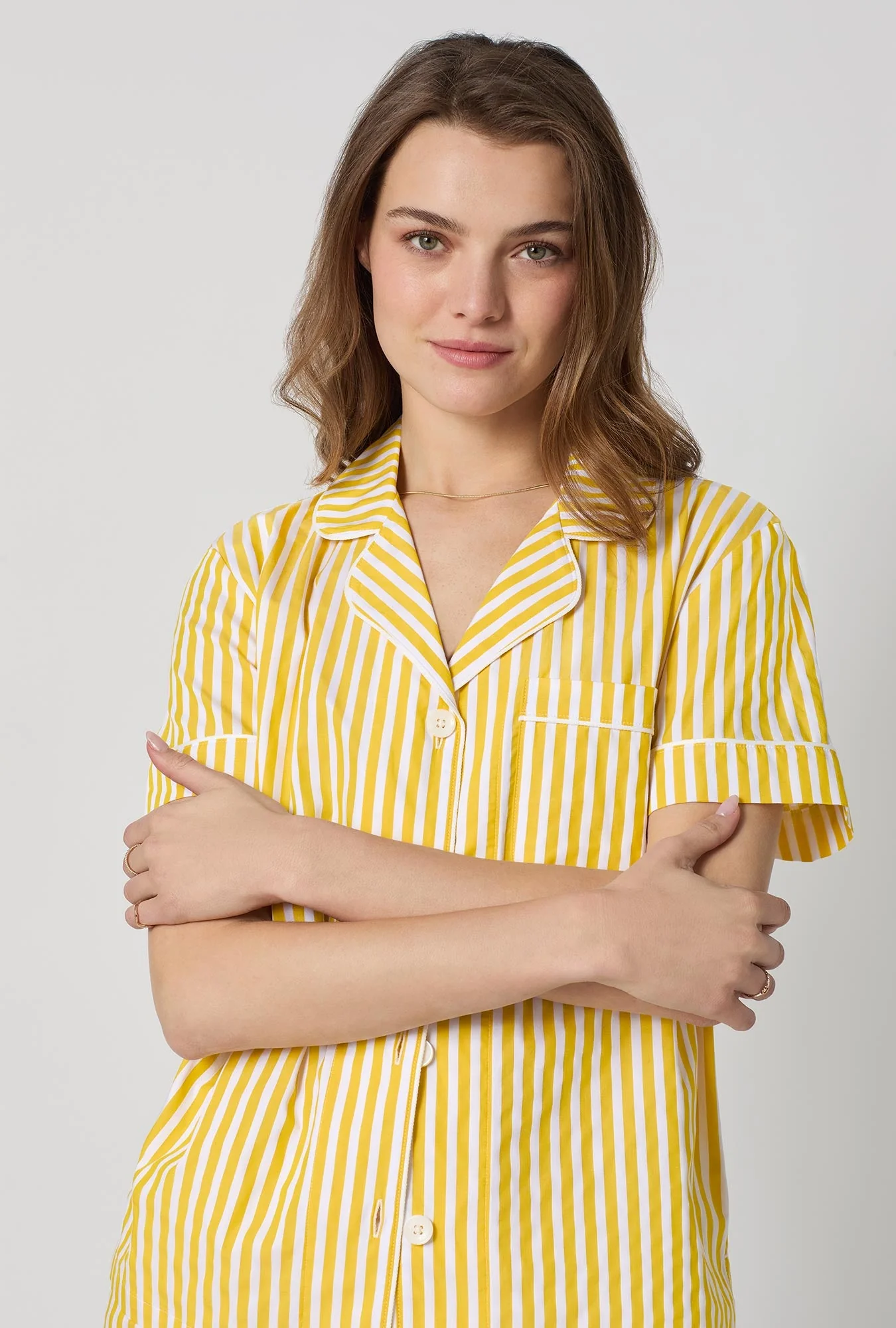 Yellow 3D Stripe Short Sleeve Classic Shorty Woven Cotton Sateen Pj Set - Image 5