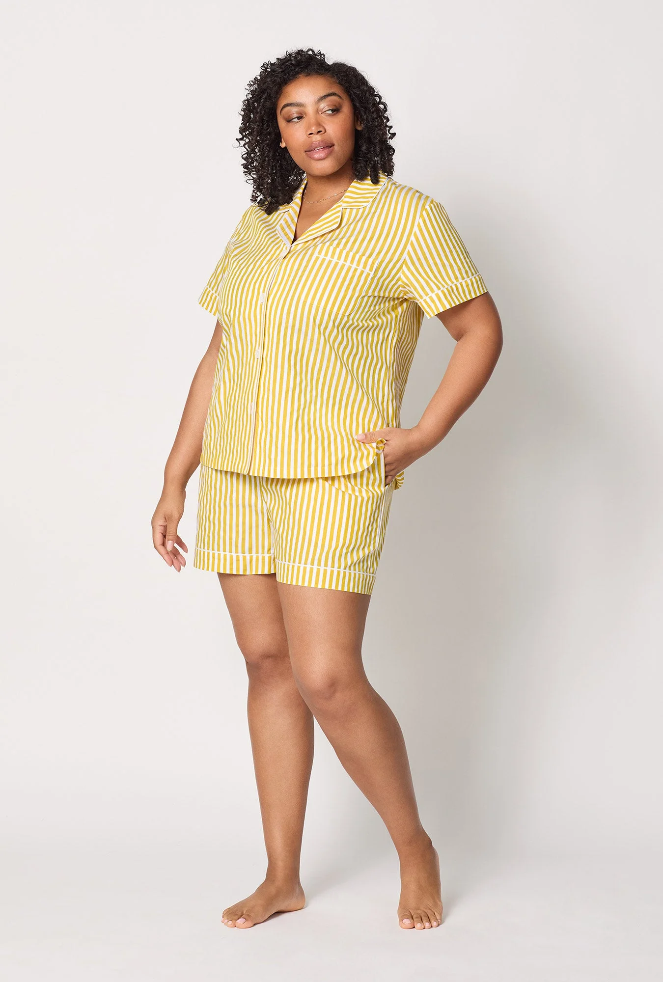 Yellow 3D Stripe Short Sleeve Classic Shorty Woven Cotton Sateen Pj Set - Image 6