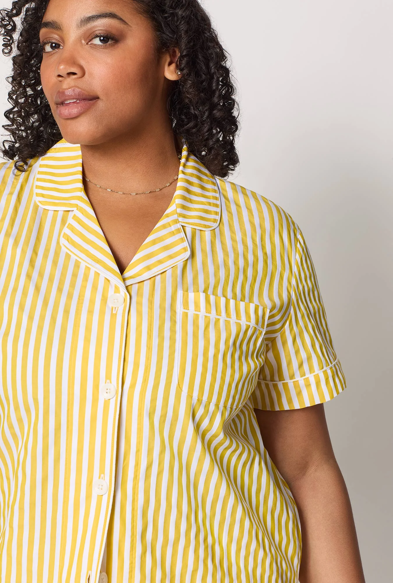 Yellow 3D Stripe Short Sleeve Classic Shorty Woven Cotton Sateen Pj Set - Image 8